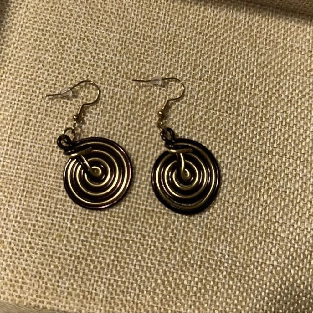 Psychedelic Gold Brown Tone Swirl Dangling Earrings